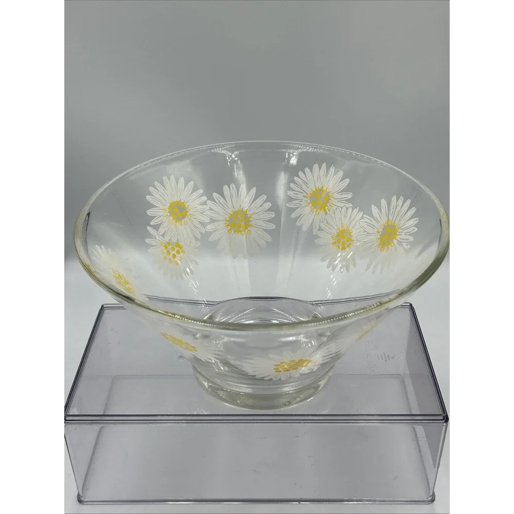 MCM Vintage Anchor Hocking Misted Daisy Chip Serving Salad BOWL Floral Glass
